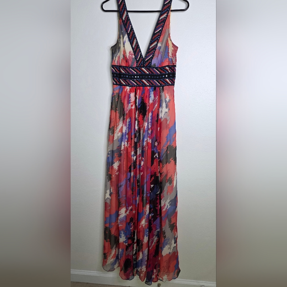 Archival BCBGMAXAZRIA 100% Silk Watercolor V Neckmaxi Beaded Gown Whimsigoth 2